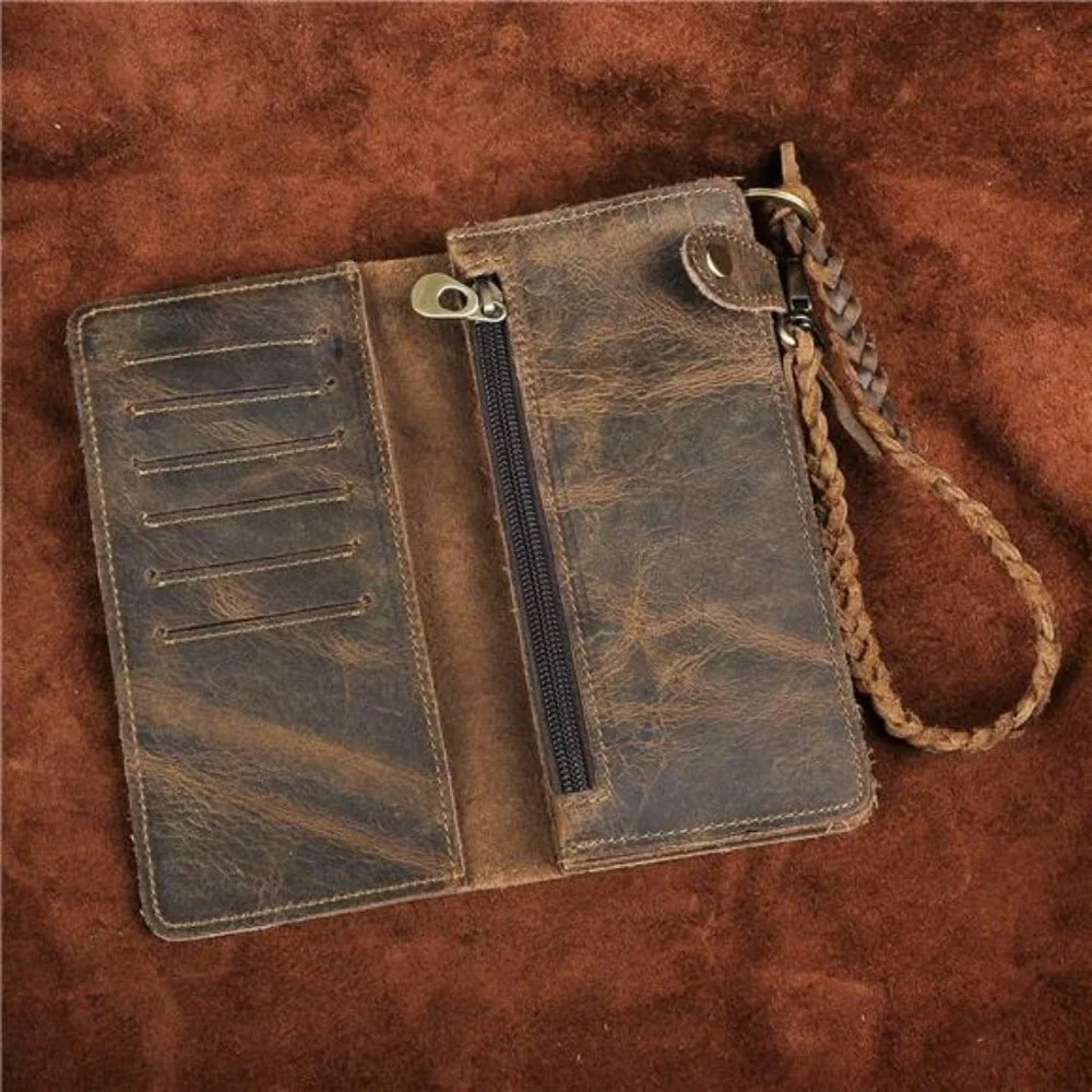 Mens Genuine Leather Bifold Wallet Organizer Checkbook Removable Chain Wallet